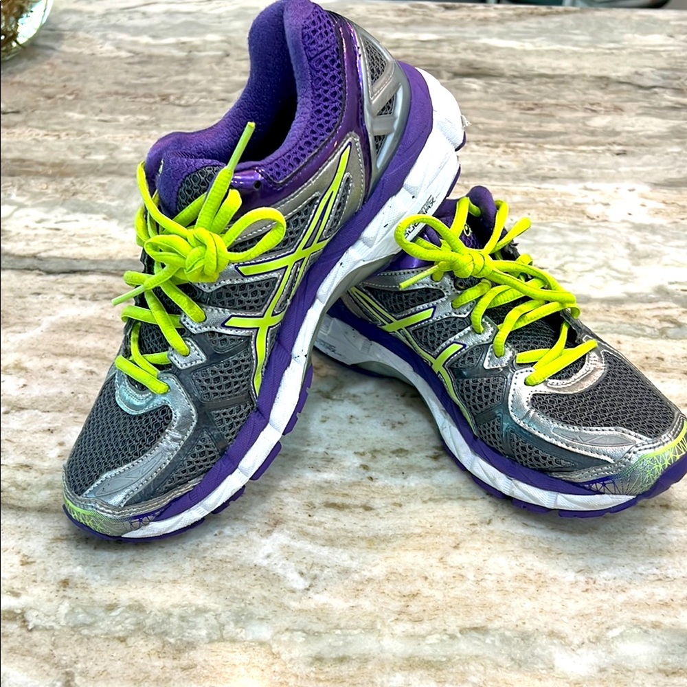 Asics Women's Kayano Running Shoes - silver and Purple with lime green accents